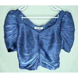 DO+BE Iridescent Blue Top Balloon Sleeves Cropped Blouse Women's Medium EUC